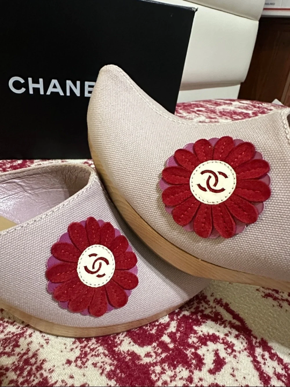 CHANEL Light Purple Canvas Mules with Red Flower Accent